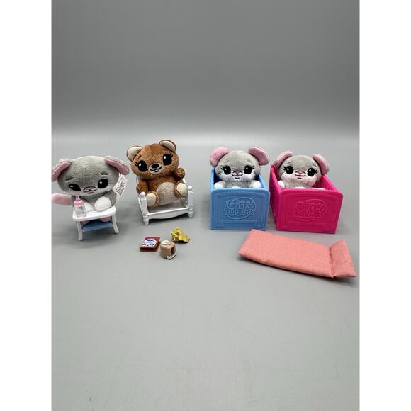 Tiny Tukkins Mini 4 Baby Mouse & 1 Squirrel Plush Lot W/ Set Of Cribs & Chair - Picture 1 of 16